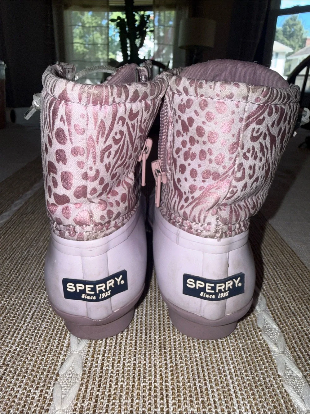 Sperry Pink/Purple Patterned Lace-Up Waterproof Duck Boots